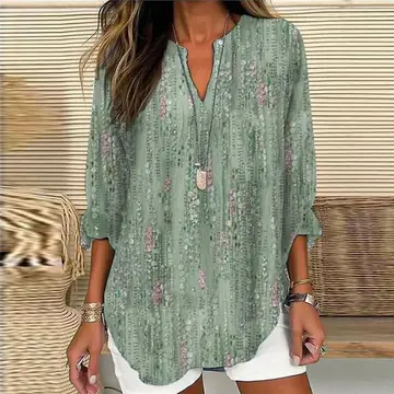 Small V-neck Long Sleeve Independence Day Floral Simple Casual Elegant T-shirt Long Sleeve