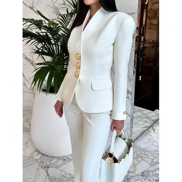 Solid Color Single-breasted Blazer & High-waisted Pants Set