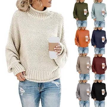 Solid Turtleneck Pullover Sweater Winter Fashion Casual Knitted Long-Sleeved Top Women's Clothing
