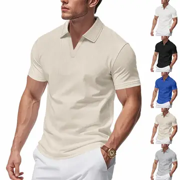 Summer Men's Loose Leisure Sports V-neck Waffle Short Sleeve Lapel Polo Shirt Men