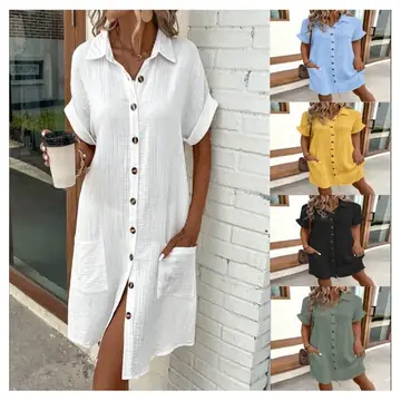 Summer Short Sleeve Shirt Dress Fashion Solid Color Single-breasted Mid-length Loose Dress