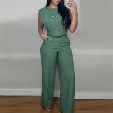 Summer Sleeveless Suit Fashion Round Neck Vest Top And Pocket Straight Pants Casual Trousers Set For Women Clothing