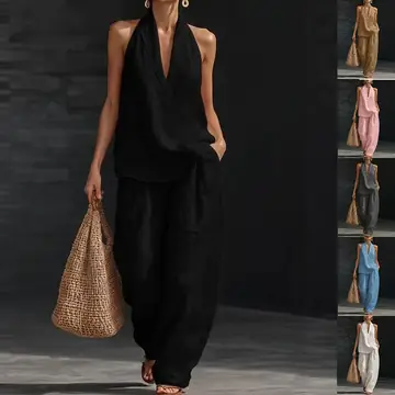 Summer Sleeveless Suits V-neck Halter Top And Wide-leg Pants Fashion Casual Straight Trousers Set