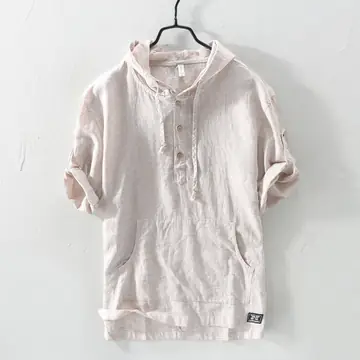 Summer Striped Men'S Hooded Cotton And Linen T-Shirt Drawstring T-Shirt