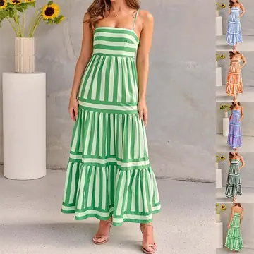 Summer Striped Printed Suspender Long Dress With Pockets Fashion Square Neck Backless Dresses For Beach Vacation Women Clothing