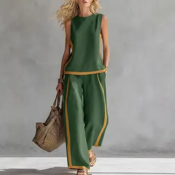 Summer Suits Round-neck Sleeveless Vest Top And High-waist Wide-leg Pants Casual Loose Set
