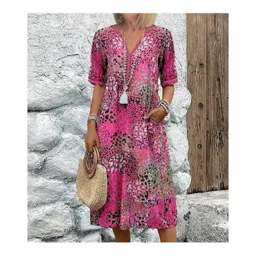 Summer V-neck Half-sleeved Dress With Pockets Fashion Ethnic Print Dresses Beach Holiday Clothing For Women