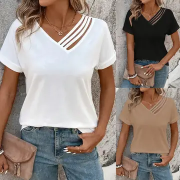 Summer V-neck Short Sleeve Shirt Summer Lightweight Blouse Women's Clothing