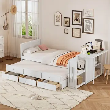 Twin Size Multifunctional Wood Platform Bed With Desk And Storage Shelf At The End Of The Bed, Built-in Trundle And 3 Drawers, White