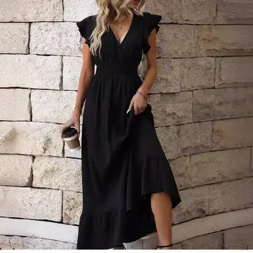 V-neck Ruffled Sleeve Solid Color Dress Leisure Vacation A- Line Skirt