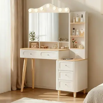 Vanity Desk With Mirror And Lights,Makeup Vanity With 2 USB Power Strip,Vanity Set With Two Drawers And Three-drawer Chest, 3 Lighting Modes Adjustable Brightness, Foldable Three-sided Mirror White