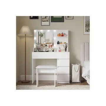 Vanity, Makeup Vanity Desk Set With Mirror & Light, Dressing Table Storage Lots With Power Strip, 3 Lighting Modes With Adjustable Brightness, 37 Inches White With Stool