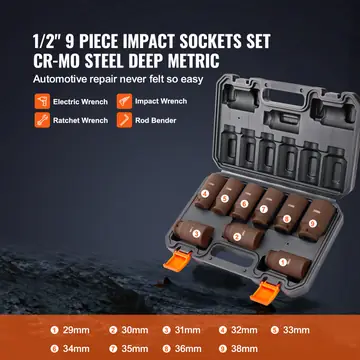 VEVOR Drive Impact Socket Set, 9 Piece Deep Socket Set Metric 29-38mm, 6 Point Cr-Mo Alloy Steel For Auto Repair, Easy-to-Read Size Markings, Rugged Construction, Includes Storage