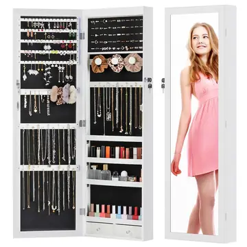 Wall-door Mounted Jewelry Wardrobe Large Capacity Mirror And LED Light Lockable Organizer