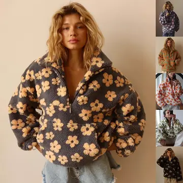 Winter Flowers Lambskin Sweatshirt With Big Pocket Casual Loose Zip-up Lapel Pullover Top Women's Clothing