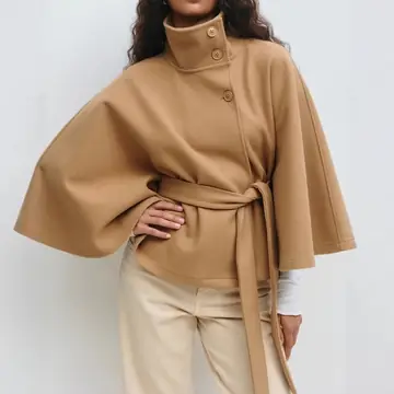 Winter High Neck Batwing Sleeve Coat With Belt Fashion Loose Elegant Button Top Trench Coat For Women Clothing