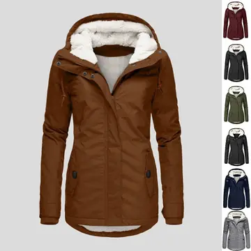 Winter Hooded Jacket Solid Color Warm Buckle Zip-up Fleece Jacket With Pockets Women's Casual Jacket