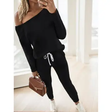 Women'S Black Off-Shoulder Long Sleeve Jumpsuit