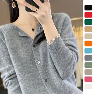 Women's Cashmere Cardigan O-neck Loose Sweaters Top Fashion Merino Wool Knitwear Autumn Winter Female Clothing Tops