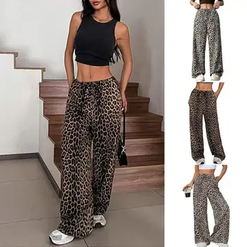 Women's Casual Leopard Print High Waisted Wide-Leg Pants Elegant Drawstring Loose Long Trousers