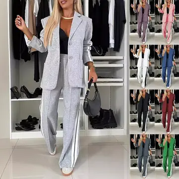 Women's Casual Suit Lapel Single-breasted Jacket And Striped Straight Pants Fashion Sports Trousers Suit Outerwears Clothing
