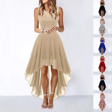 Women's Lace Patchwork Chiffon Dress Loose Swing A-Line Sleeveless Summer Casual Dresses