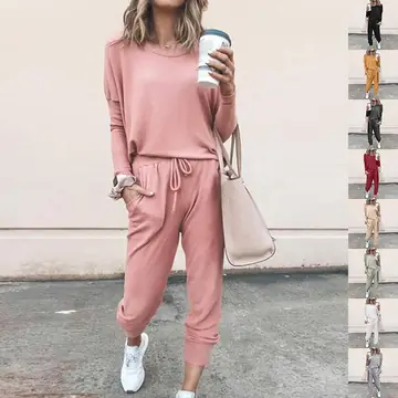 Women's Long Sleeve Suit Fashion Pullover Top And Pockets Drawstring Long Pants Solid Color Casual Sports Trouser Suit Clothing