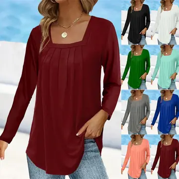 Women's Pleated Square Collar Long Sleeve Imitation Cotton Large Size T-shirt