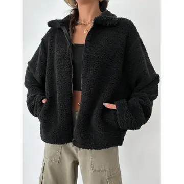 Women's Regular Fit Teddy Fleece Drop Shoulder Jacket