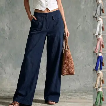 Women's Solid Color Loose Fit Casual Pants - Elastic Waist Trousers for Daily Wear