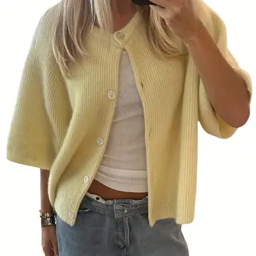 Women's Solid Color Short-sleeved Cardigan Round Neck Button
