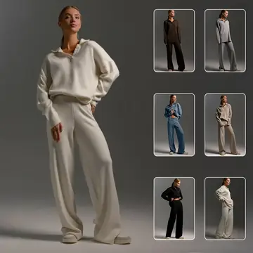 Women's Sweatshirt Suit Casual Collared Long-Sleeved Pullover Top And Loose Straight-Leg Pants Fashion Sport Trousers Set