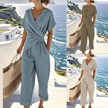 Women's Two Pieces Set Fashion Solid Color Irregular Short Sleeve Suit Summer Fashion V Neck Slim Office Suit Casual Pleated Irregular Top And Pants Female Outfit