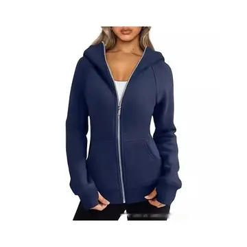 Women's Zipper Short Hood Fleece Lined Solid Color Hoodie Sweater