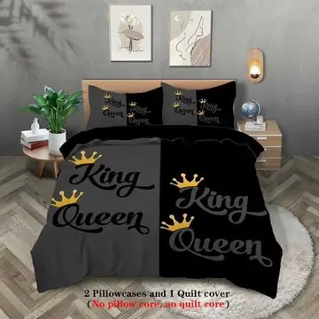 Twin 3-Piece Black Grey Printed Duvet Cover Set With Pillow Cases