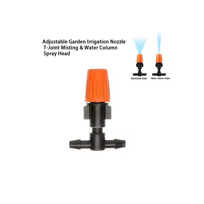 1/4" Adjustable Misting Spray Nozzle T‑Connector Drip Irrigation Sprinkler Head For Garden Greenhouse Lawn Flower Plant Watering