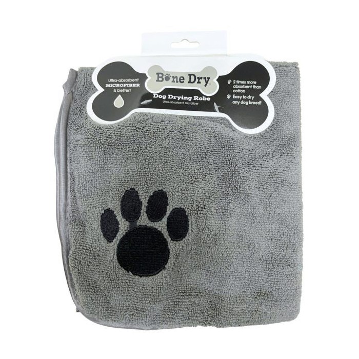 Bone Dry Embroidered Gray Microfiber Pet Robe With Adjustable Closure