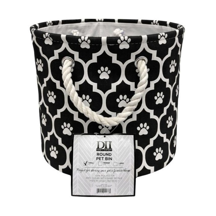 Bone Dry Polyester Round Pet Bin Size Small In Black With Lattice Paw Design