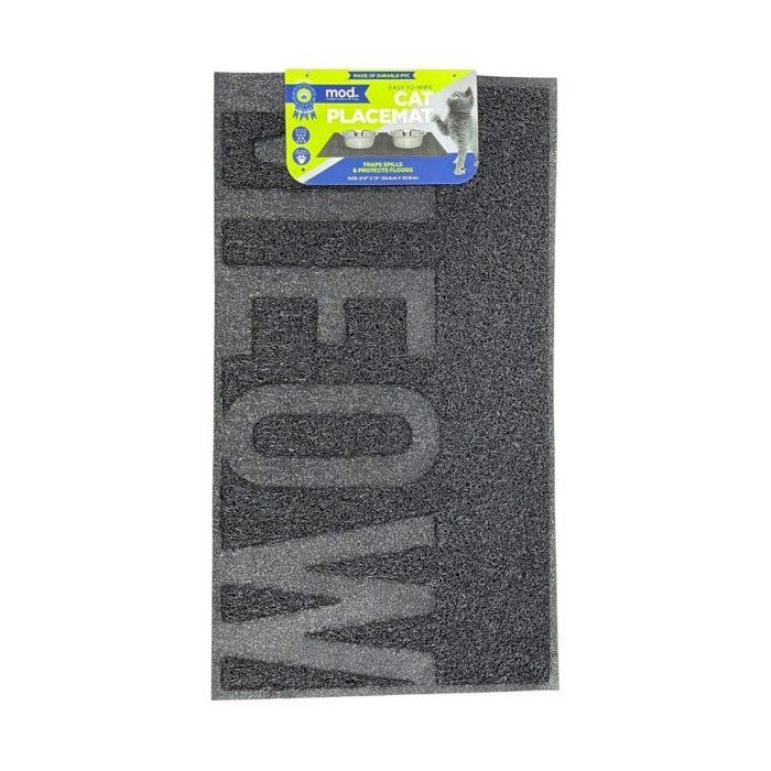 Mod Dog 24-inchx16-inch Rectangular Black Feeding Mat With Meow Design