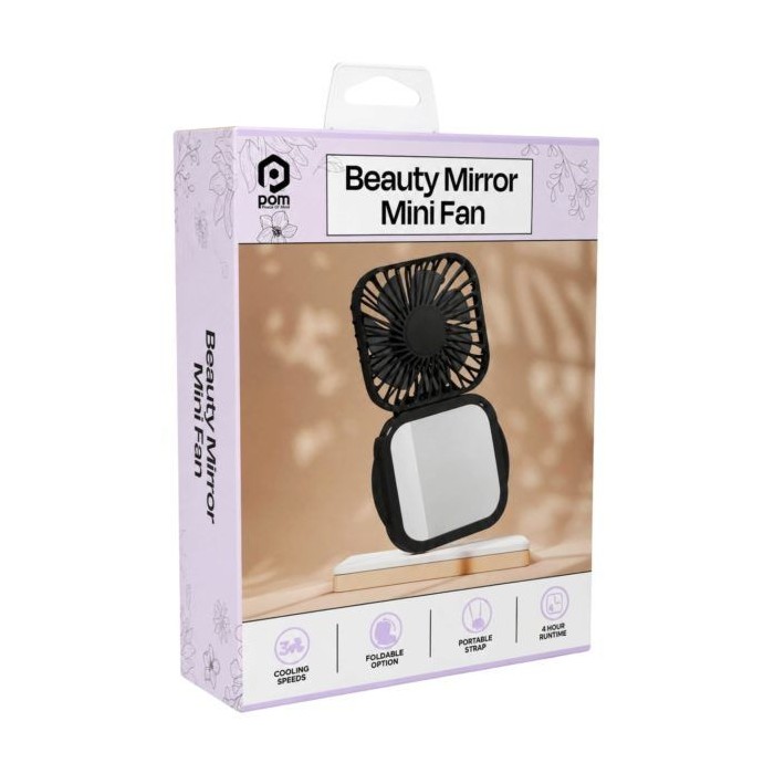 12 pieces Pom Gear Rechargeable Folding Beauty Mini Fan With Mirror & Neck Strap In Black - Electric Fans