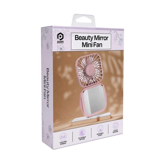 12 pieces Pom Gear Rechargeable Folding Beauty Mini Fan With Mirror & Neck Strap In Pink - Electric Fans