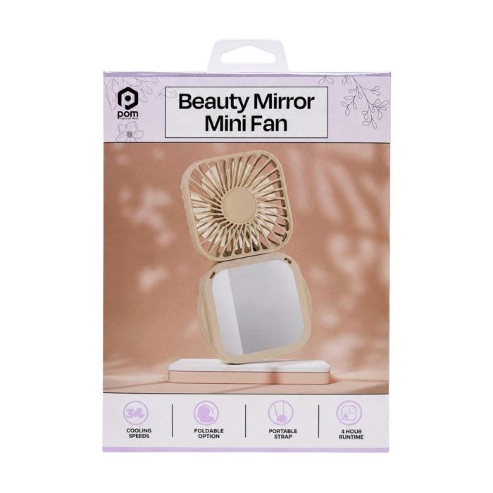 12 pieces Pom Gear Rechargeable Folding Beauty Mini Fan With Mirror & Neck Strap In Tan - Electric Fans