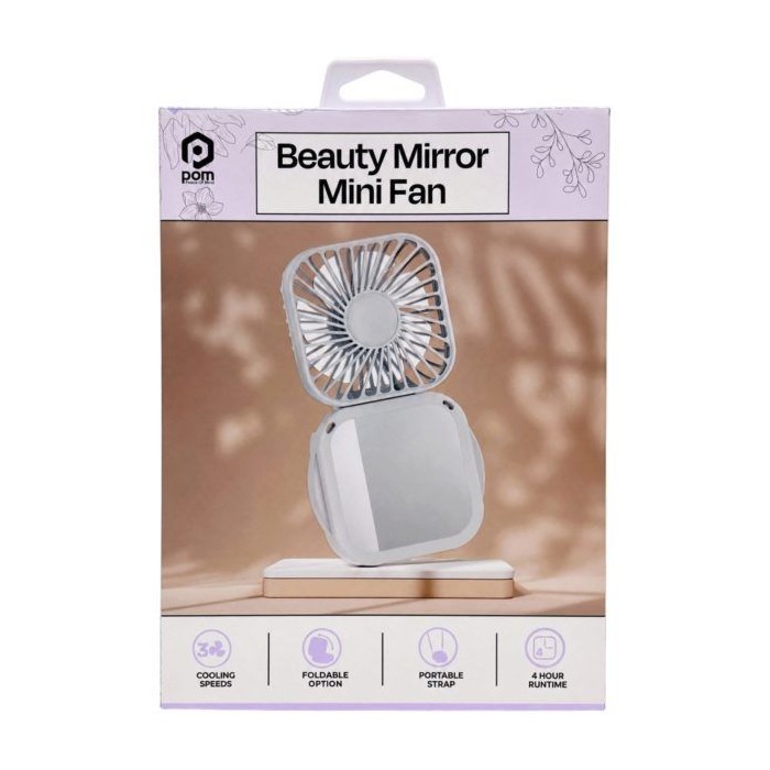 12 pieces Pom Gear Rechargeable Folding Beauty Mini Fan With Mirror & Neck Strap In White - Electric Fans