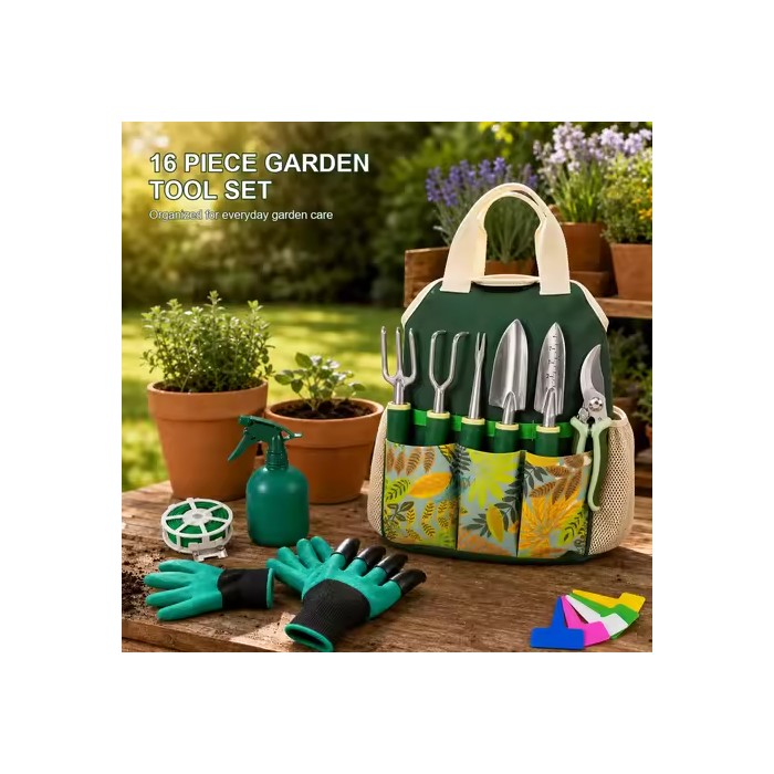 16 Piece Garden Tool Set Aluminum Alloy Gardening Hand Tools Kit with Floral Tote Bag Gloves Spray Bottle Plant Labels Twist Tie Trowel Transplanter Weeder Cultivator Hand Fork and Pruning Shears for Planting Weeding Pruning