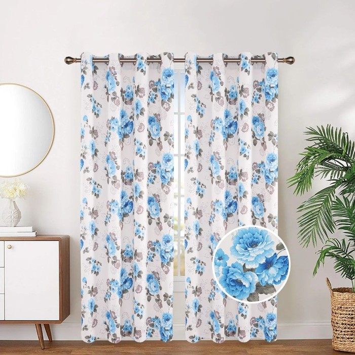 Aqua Floral Blackout Grommet Curtain