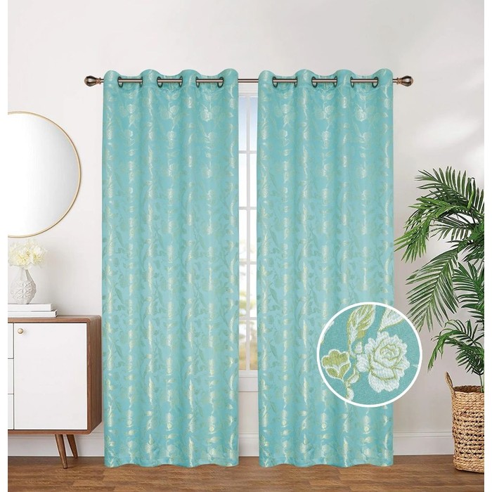 Aqua Jacquard Grommet Curtains