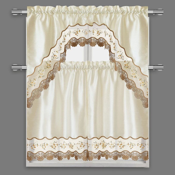 Beige 3-Piece Scalloped Kitchen Curtain Set