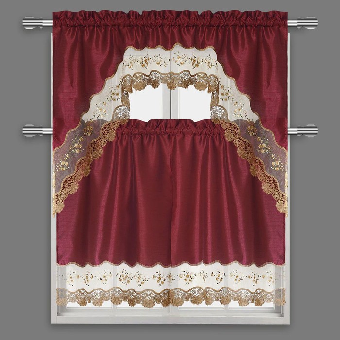 Burgundy 3-Piece Scalloped Kitchen Curtain Set