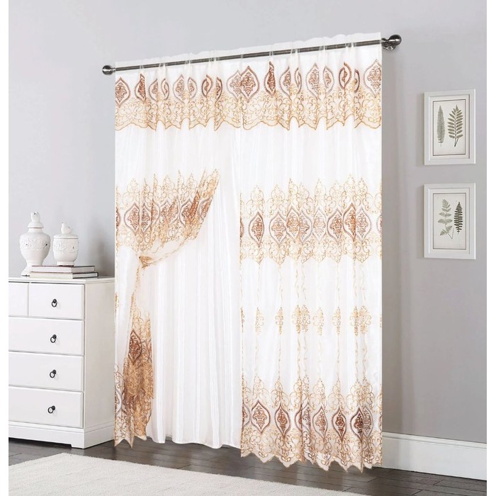 Double Layer Sheer Damask Lace Voile Panels Beige