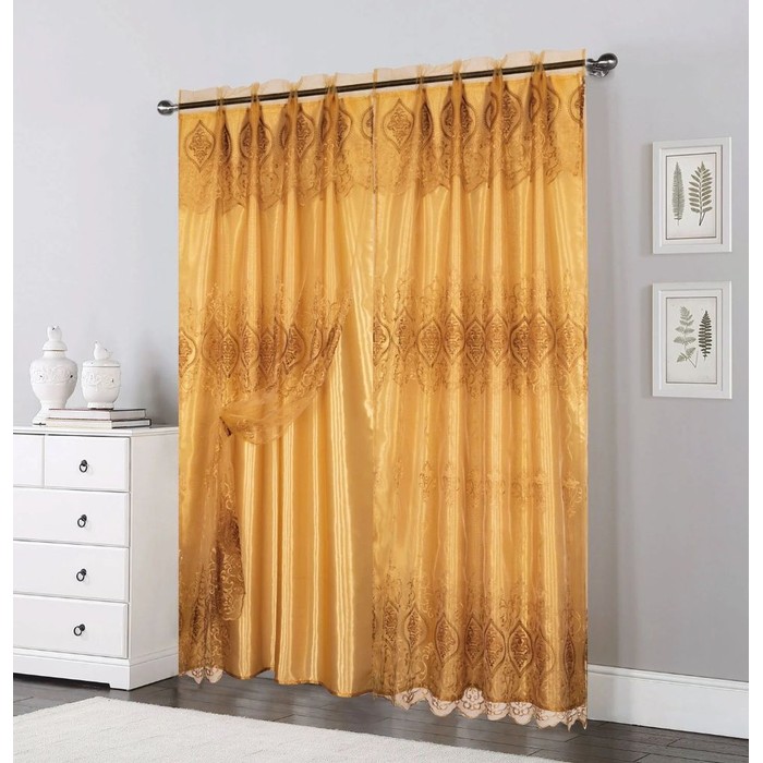 Double Layer Sheer Damask Lace Voile Panels Gold